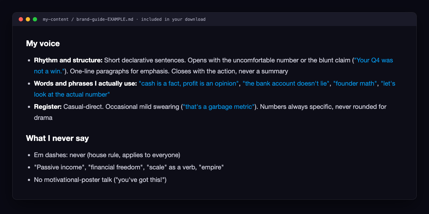 Excerpt from the example Brand Guide included in the download, showing the My Voice and What I Never Say sections